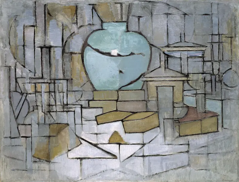 Still Life with Gingerpot II by Piet Mondrian features geometric shapes and a limited color palette.