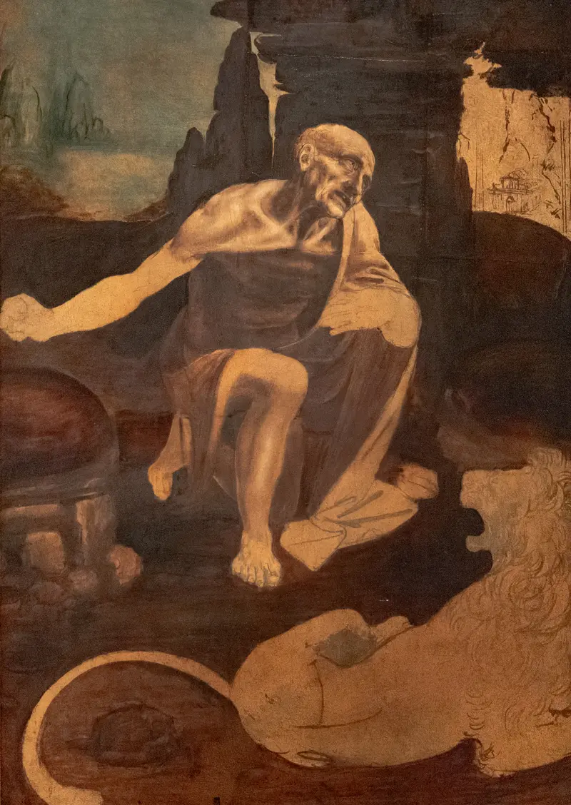 Saint Jerome kneels in prayer in a rocky landscape, accompanied by a lion.