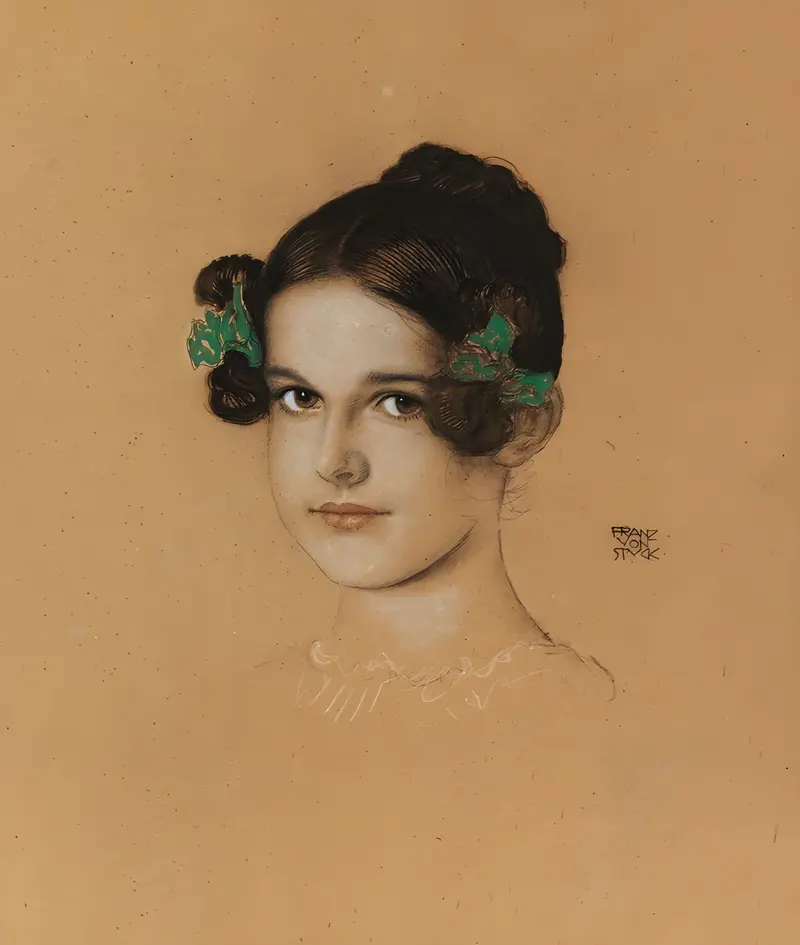 Portrait of Mary, daughter of Franz von Stuck, adorned with green ribbons.