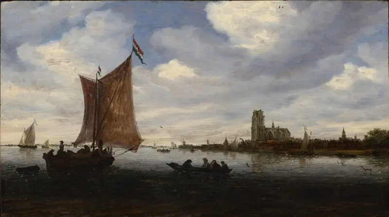 View of Dordrecht by Salomon van Ruysdael, oil on canvas depicting a river with boats and a village.