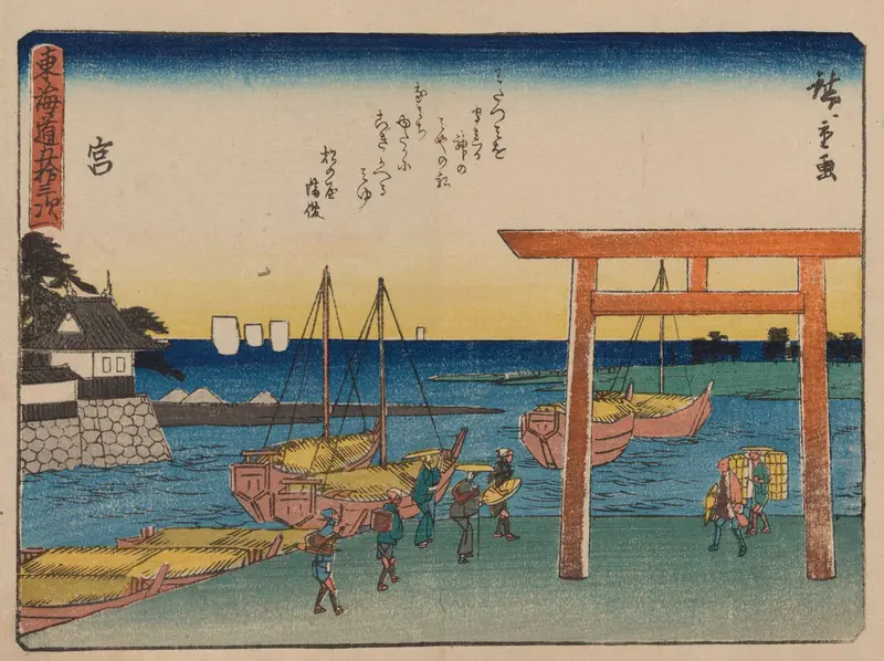 Ukiyo-e by Utagawa Hiroshige depicting a tranquil river with blue and violet shades