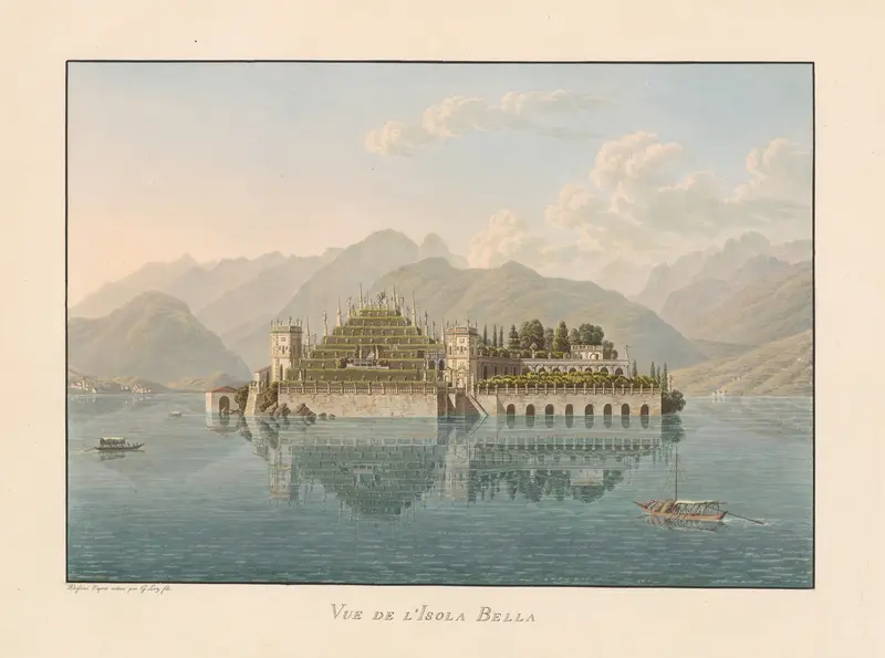 Vue de L’Isola Bella by Gabriel Lory the Younger, oil on canvas depicting a serene lake and island.