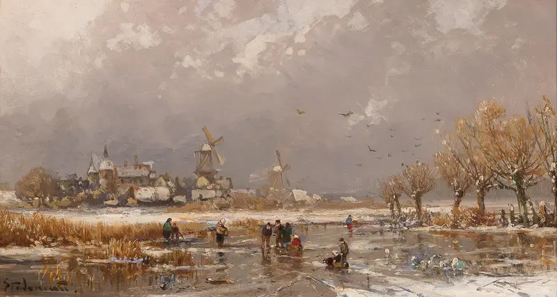 Winter Pleasures On The Ice by Adolf Stademann, genre scene depicting figures skating on ice.