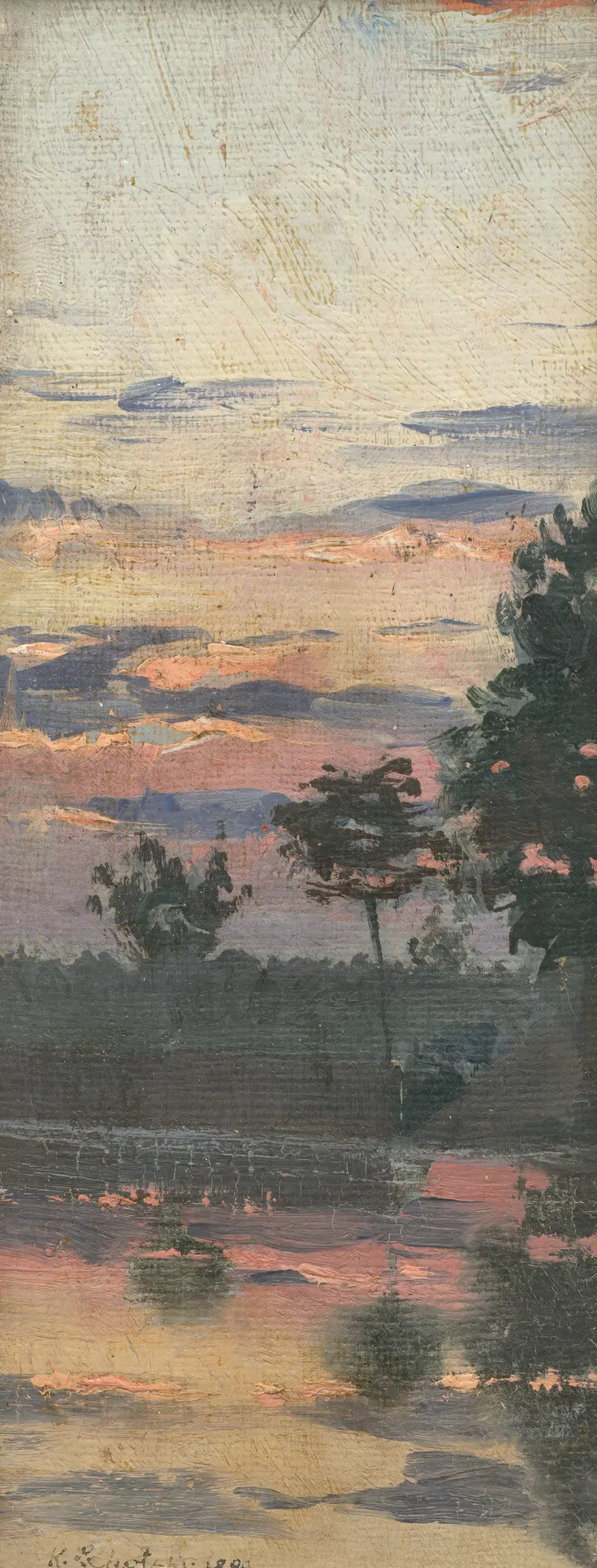 Study of an Early Evening Landscape by Karol Miloslav Lehotský, oil on canvas showing a tranquil dusk scene.