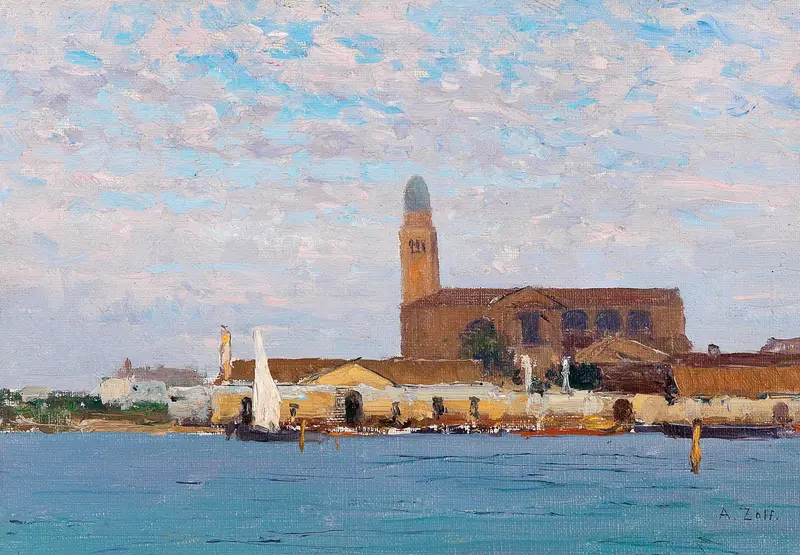 A View Of The Cathedral In Chioggia by Alfred Zoff, oil painting depicting a cathedral under a pastel sky.