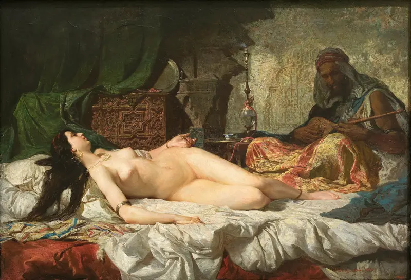 A captivating depiction of an odalisque by Mariano Fortuny Marsal.