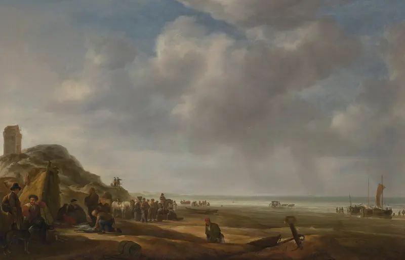 Fishermen displaying their catch in a marine scene, oil on canvas by Simon de Vlieger