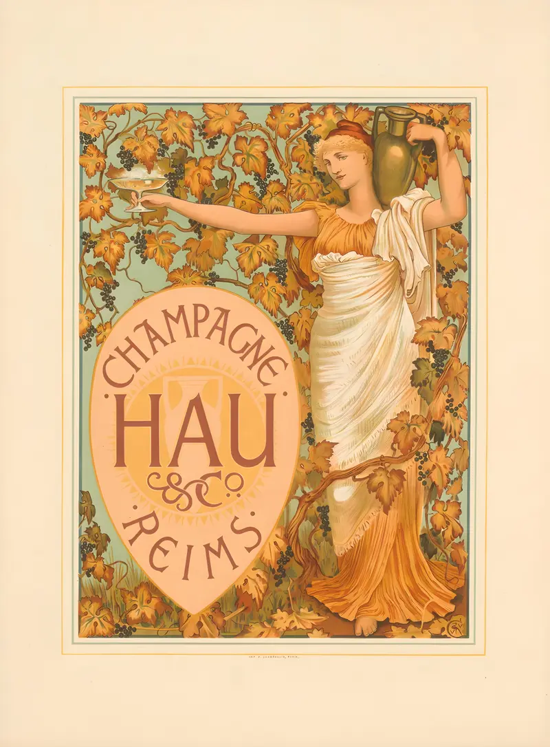 A still life painting by Walter Crane featuring champagne and elegant glassware.