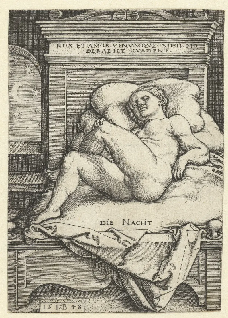 Nude reclining figure against a dark backdrop, engraving by Hans Sebald Beham