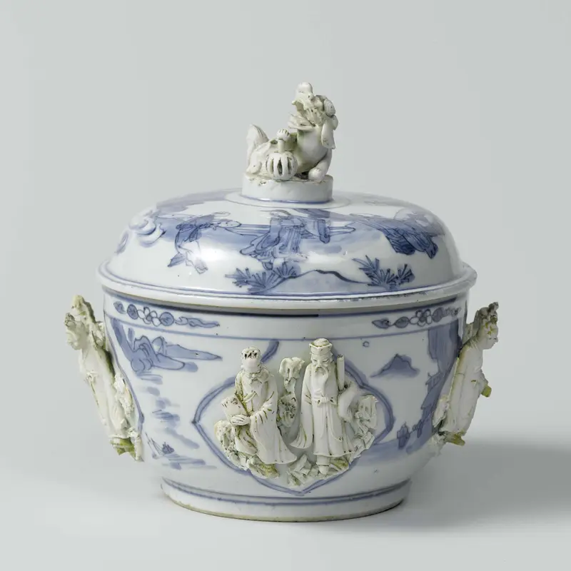 Ceramic lidded pot with unglazed figurines of the Eight Immortals by Unknown Artist