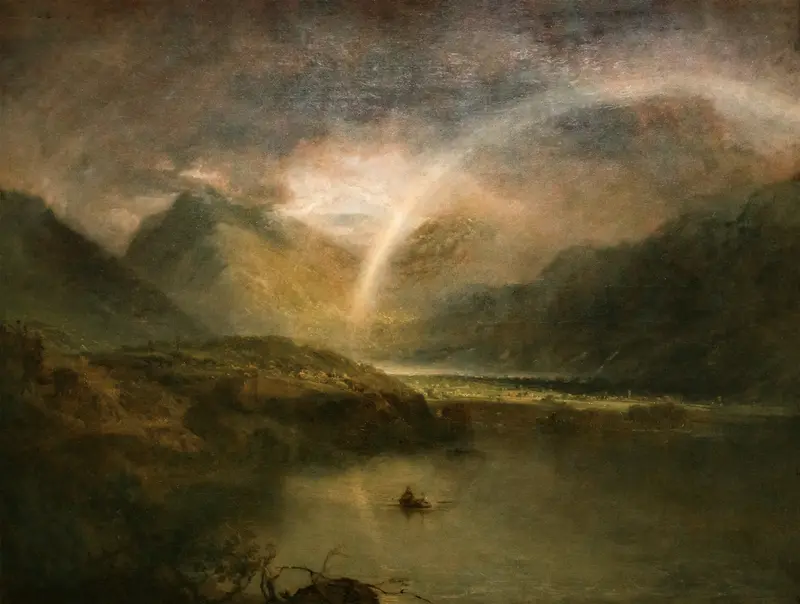 A broad rainbow arcs over a mountainous lake with dark clouds, a small boat with two figures on the water, and distant hills partially shrouded in mist.