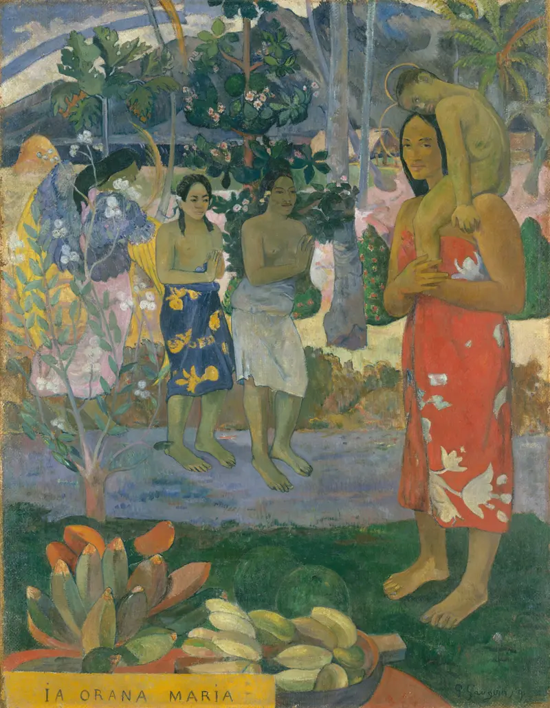 Ia Orana Maria by Paul Gauguin, oil on canvas depicting the Madonna with tropical colors