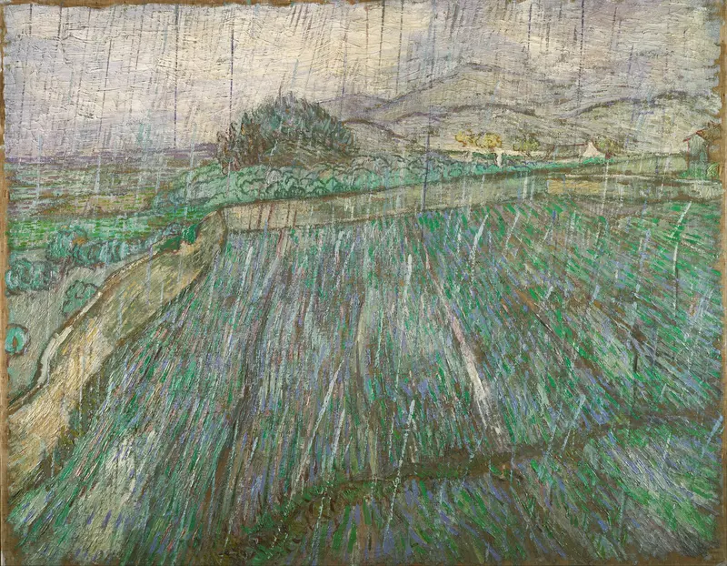 Rain by Vincent van Gogh, oil on canvas depicting a stormy landscape with swirling colors