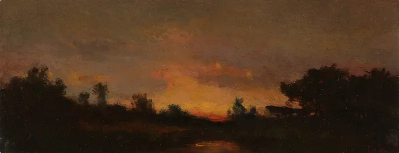 Landscape with Sunset by Théodore Rousseau, oil painting depicting a serene twilight scene.
