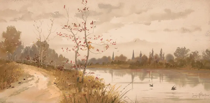 A river path by Louis Kinney Harlow, impressionism, depicting a serene landscape with water and foliage.