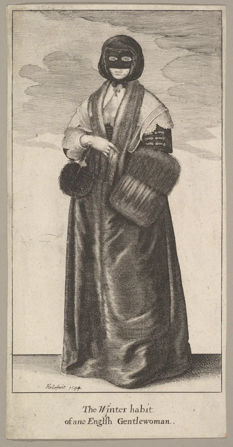 A detailed etching of an English lady in winter costume by Wenceslaus Hollar.