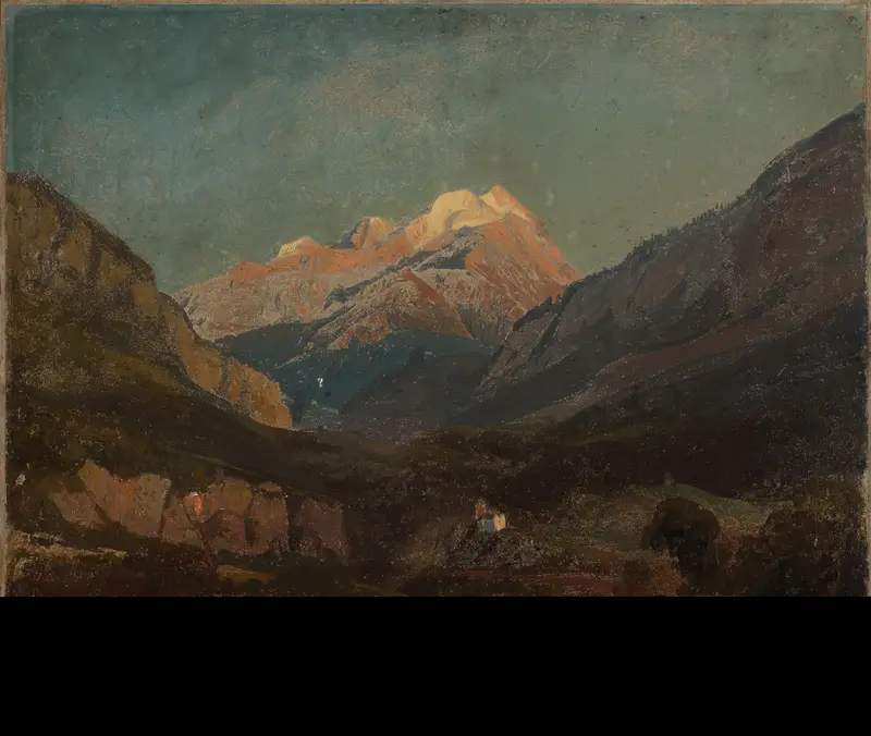 Romanticism landscape with mountains and a chapel by Johann Wilhelm Schirmer