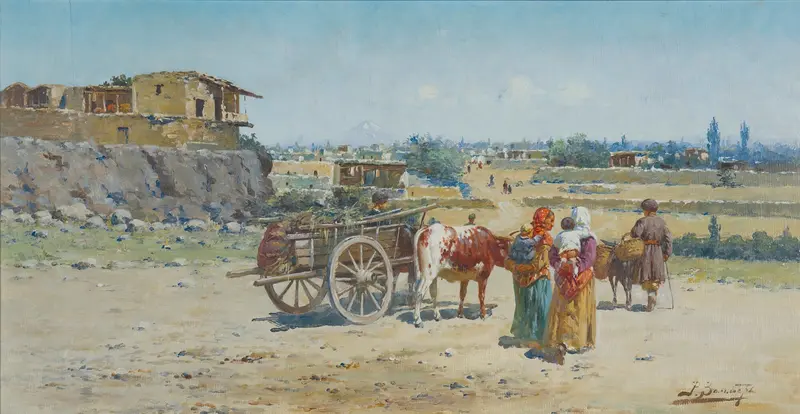 Oriental Landscape by Richard Karlovich Zommer, oil painting depicting a serene sunset over a landscape.