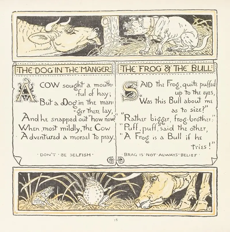 Walter Crane's 'The Dog in the Manger, The Frog and the Bull' depicts a whimsical scene with animals.