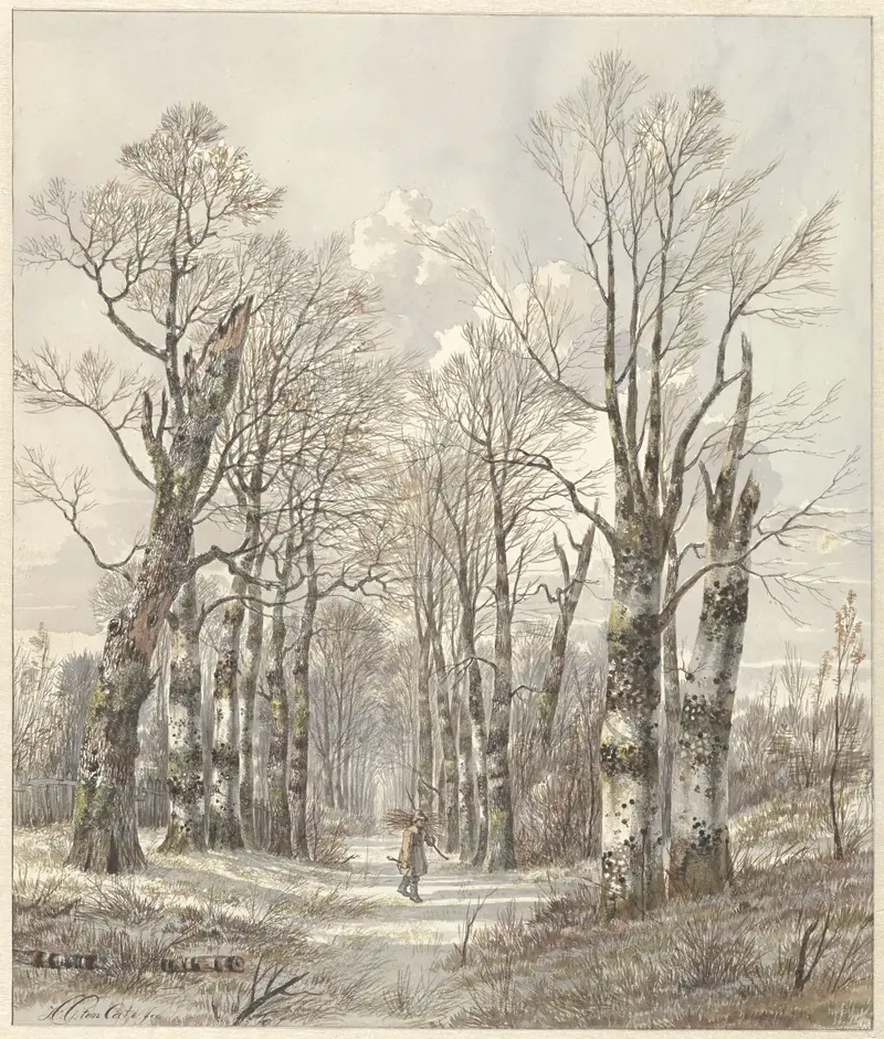 Winter landscape with woodsman gathering firewood, oil on canvas by Hendrik Gerrit ten Cate