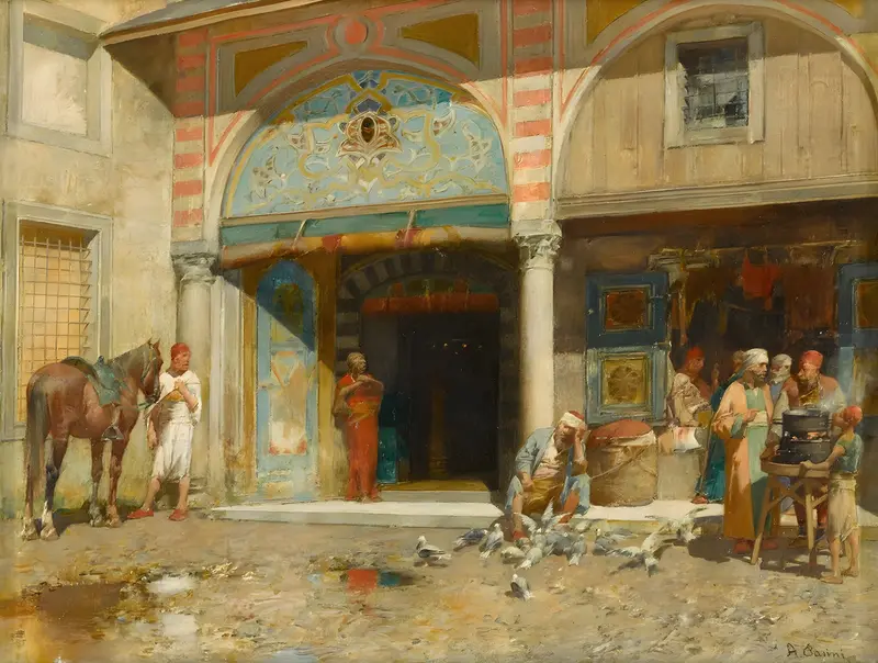 A painting depicting a scene outside a mosque by Alberto Pasini.