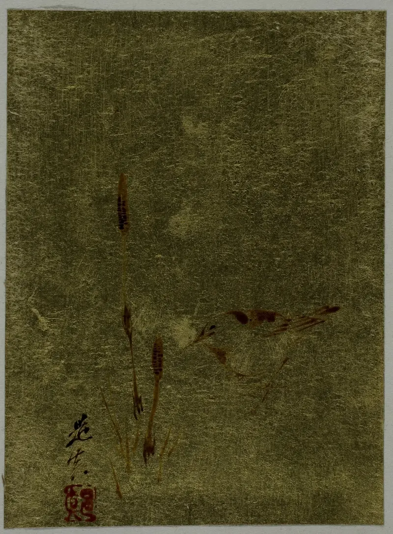 Bird and Cattails by Shibata Zeshin, paper medium, depicting cattails swaying in nature.