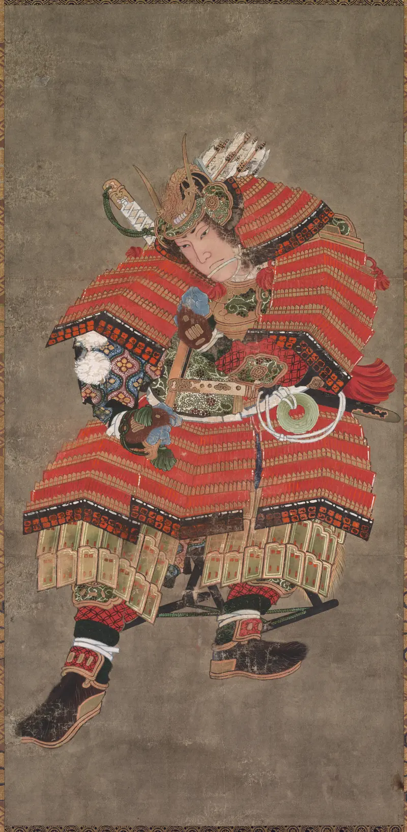 Minamoto no Yoshitsune poised on a ship, preparing for battle.