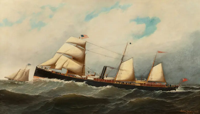 Oil painting of a ship with billowing sails by Antonio Jacobsen
