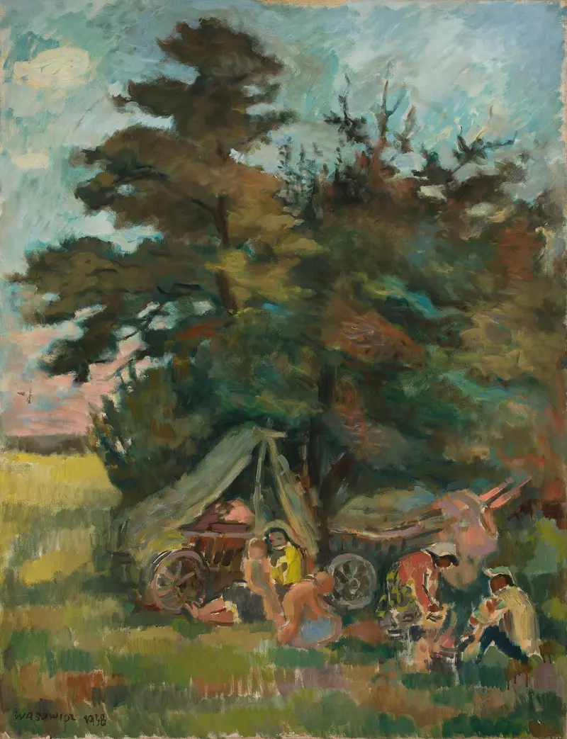 Genre scene depicting a gypsy camp under trees by Wacław Wąsowicz, unknown medium