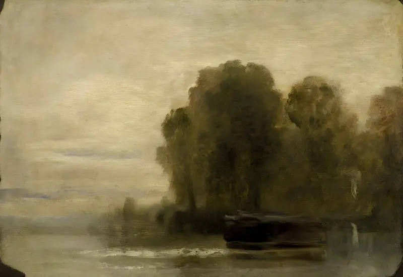 A serene landscape depicting a lake or river with trees on the right, painted by Turner in 1827.