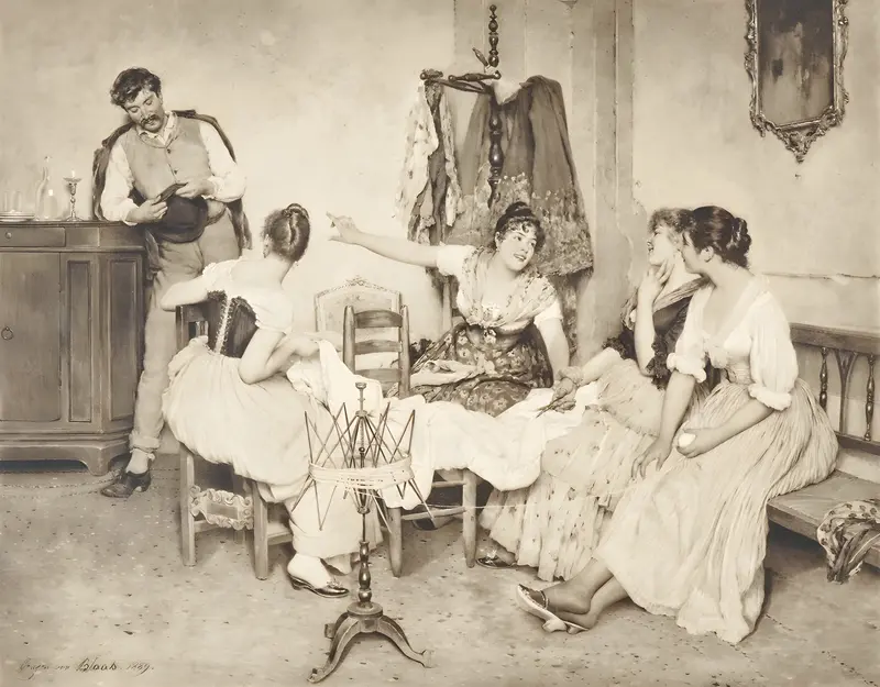 A charming depiction of Venetian girls with a gondolier.