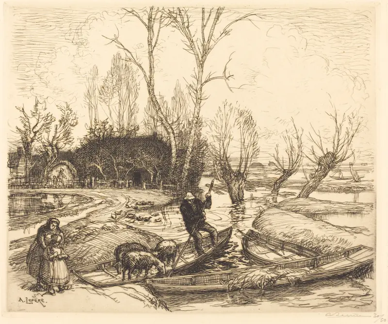 A shepherd in a boat navigates flooded fields with huddled sheep, while a woman and child watch from the bank.