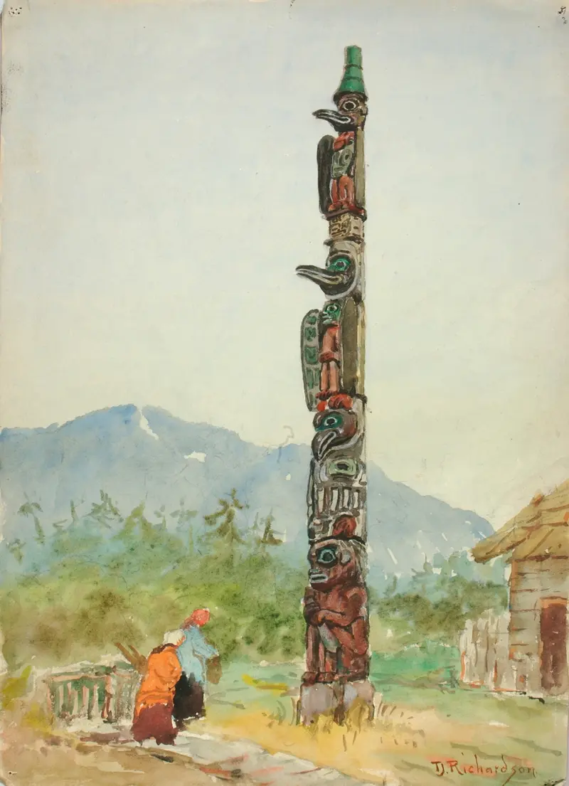 Figurative wood carving of a raven totem pole by Theodore J. Richardson