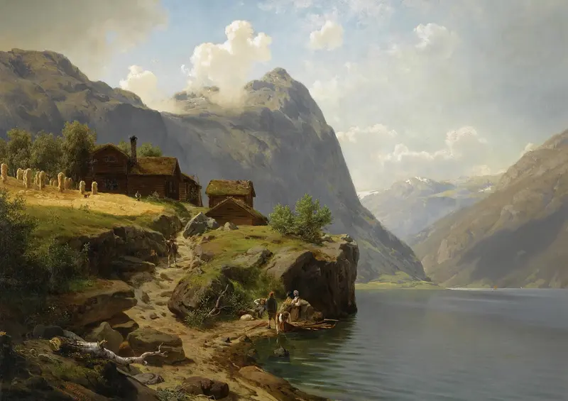 Figures In A Mountainous River Landscape, oil on canvas by Johan Fredrik Eckersberg