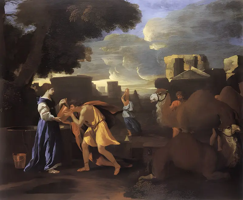A depiction of Rebecca offering water to Eliezer at the well, showcasing a moment from Genesis.