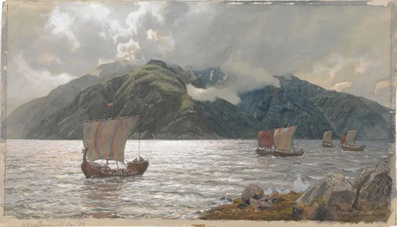 Viking Ships by Hans Gude, oil on canvas, depicting majestic ships sailing on a serene ocean.