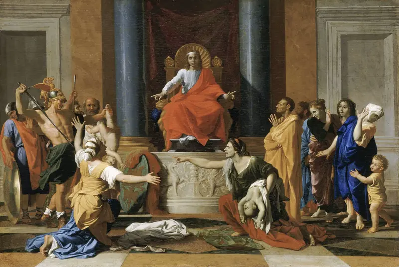 Solomon enthroned gestures commandingly as a soldier raises a sword to divide an infant, with two women pleading and a crowd reacting in a grand architectural setting.