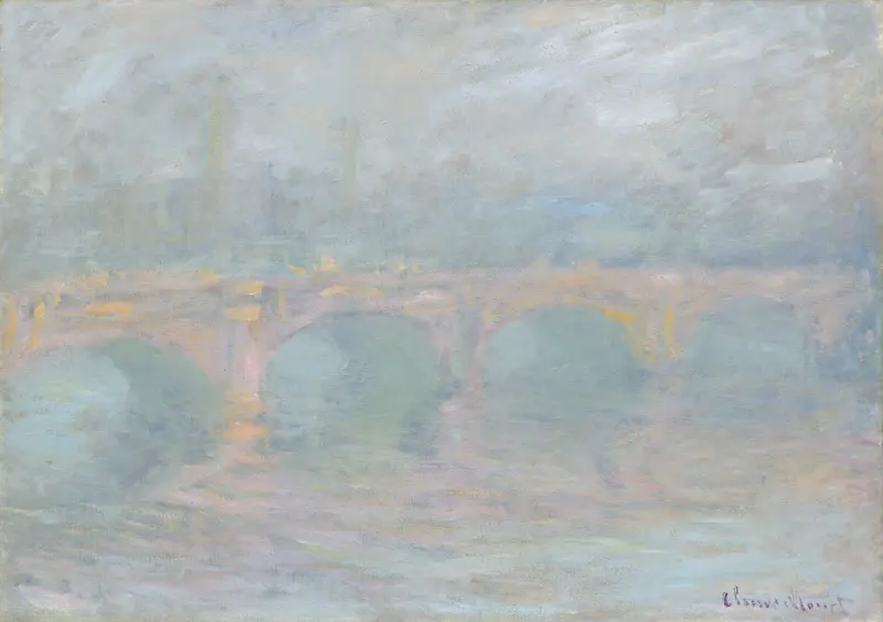 A broad stone bridge with soft arches spans a misty river under a swirling pale sky with faint outlines of distant buildings and scattered lights.