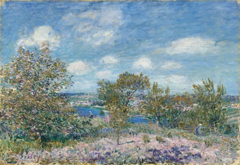Oil painting by Alfred Sisley depicting a tranquil river landscape with gentle clouds