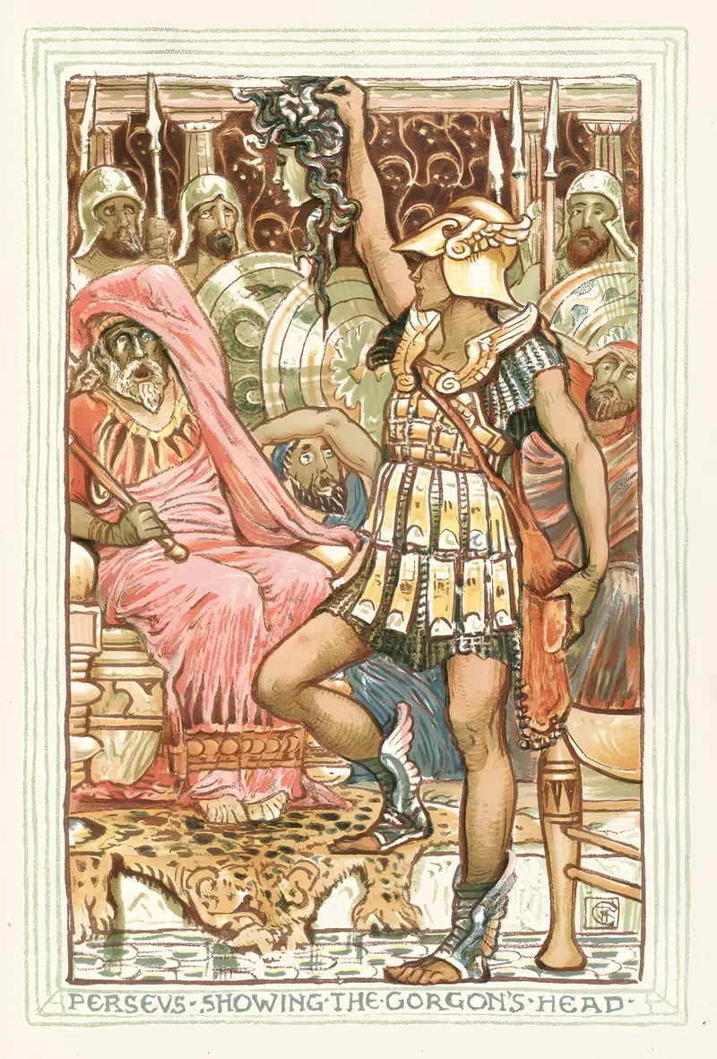 Walter Crane's 'Perseus Showing the Gorgon’s Head' captures a moment from Greek mythology.