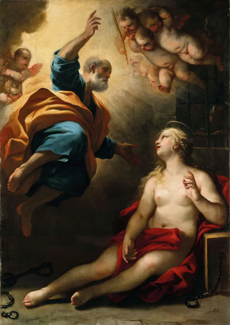 Luca Giordano's 'Saint Peter healing Saint Agatha' depicts a dramatic religious scene.