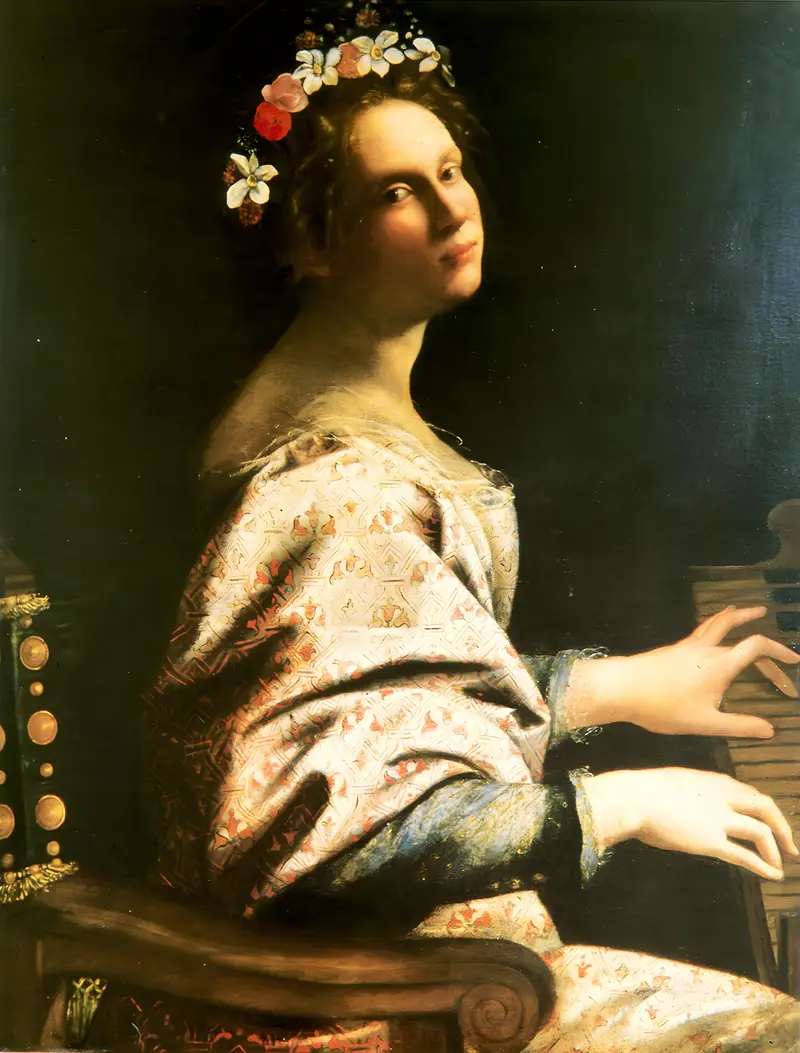 Artemisia Gentileschi's Santa Cecilia depicts the saint in a moment of contemplation.
