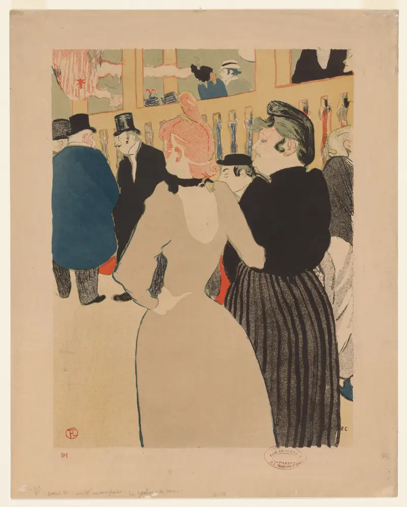 Two women stand close together in a crowded interior, one with pink hair and a pale dress, the other with dark hair and a black bodice over a striped skirt.