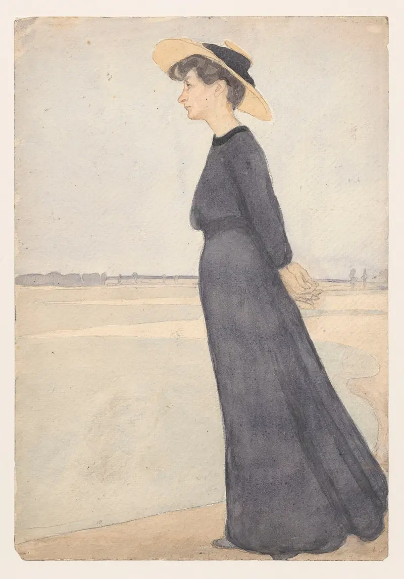 This painting depicts the artist's wife by the sea, showcasing a serene coastal landscape.