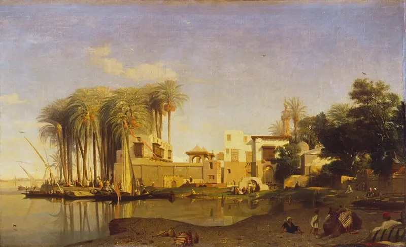 Beni Suef on the Nile by Prosper Marilhat, oil on canvas depicting a tranquil river landscape at dawn.