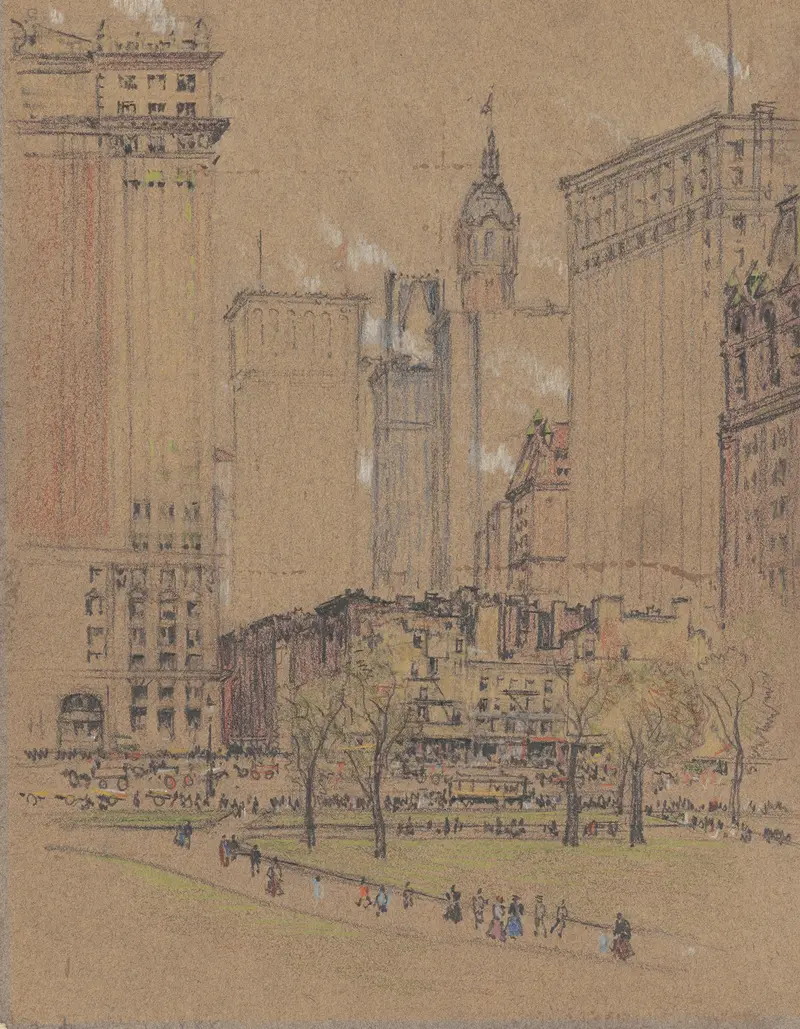 Lithograph by Joseph Pennell depicting a skyline with shadows and light