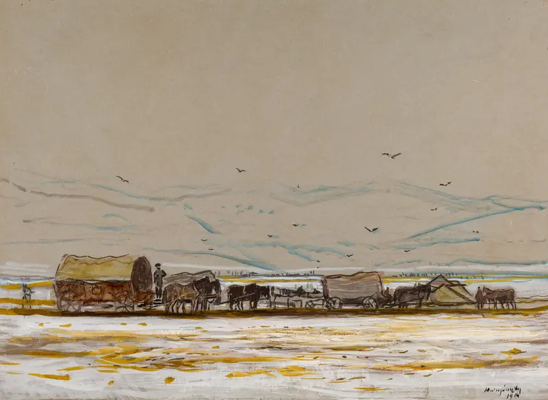 Genre scene of soldiers resting in a landscape, oil on canvas by Ladislav Mednyánszky