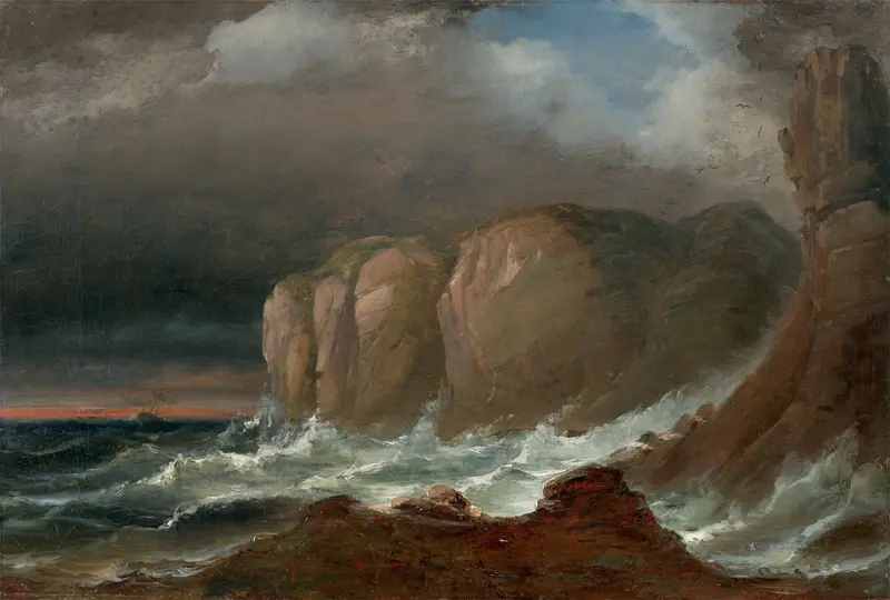 Cliffs by Peder Balke, oil on canvas, depicting jagged cliffs and a tumultuous sea.
