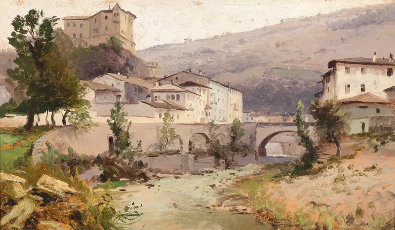 Landscape depicting mountains and sunset by Ludwig Willroider, oil painting