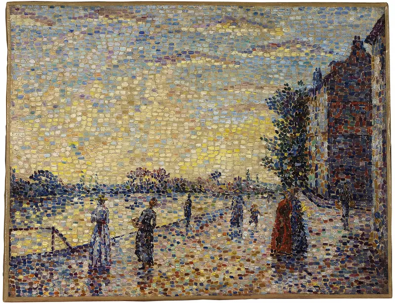 A riverside scene with figures strolling along the water's edge, illuminated by shimmering sunlight and vibrant colors.